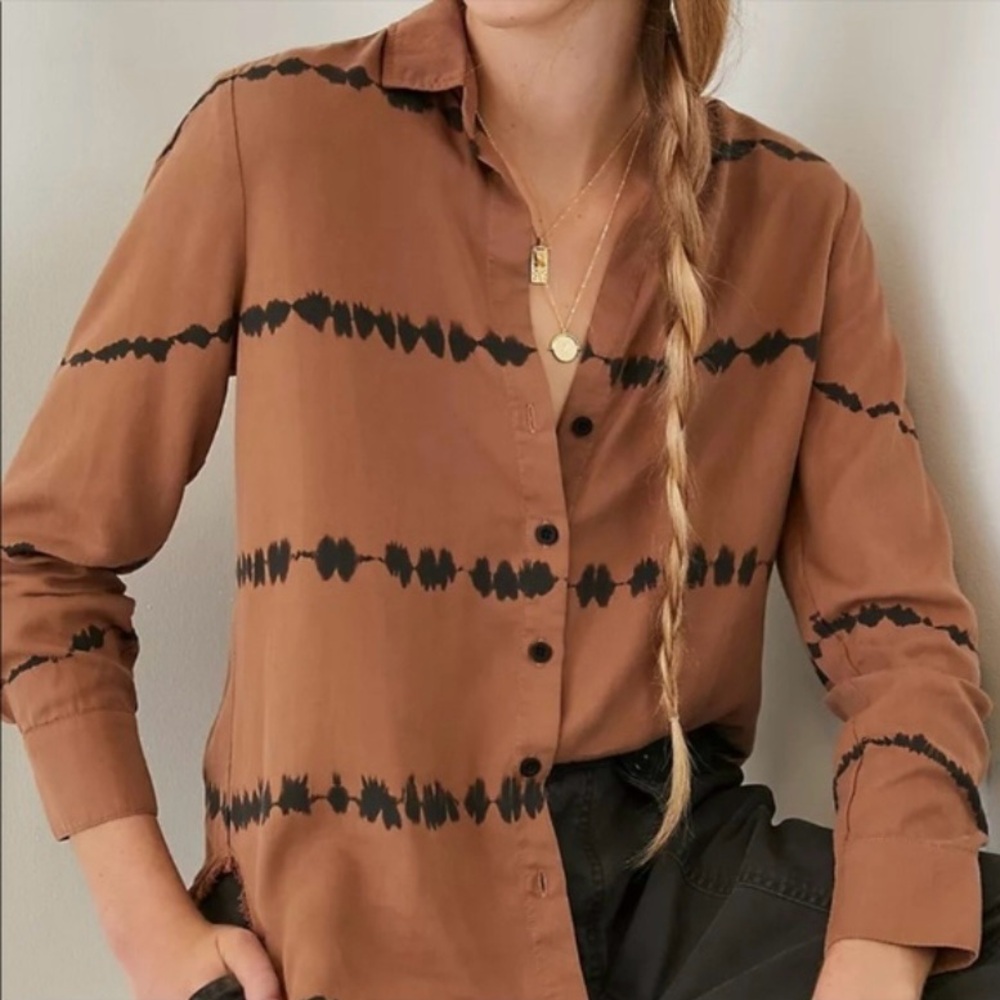 Anthropologie Cloth & Stone Edie Brown Tie Dye Button Down Blouse - Picture 2 of 15